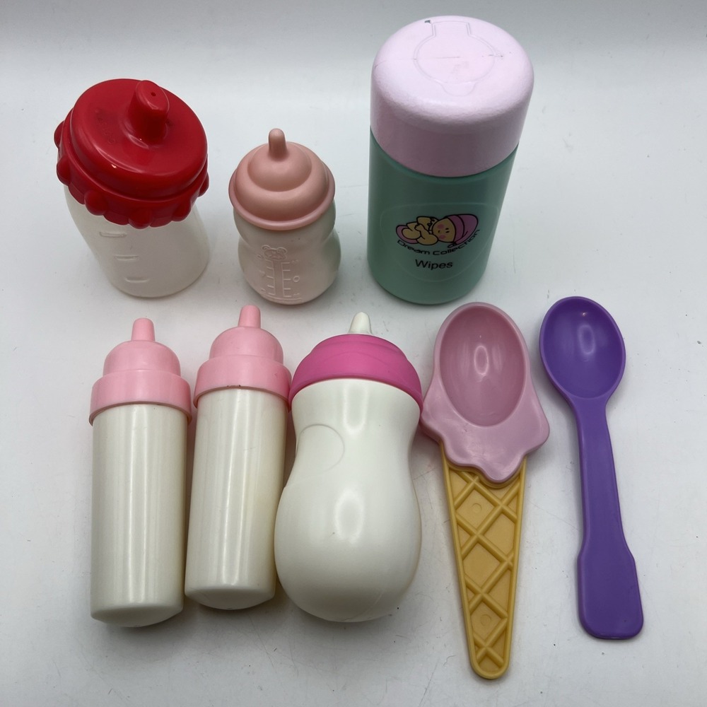 Lot of 4 Doll Baby Bottles & 1 Sippy Cup – Mixed Styles – Spoons -Pretend Wipes